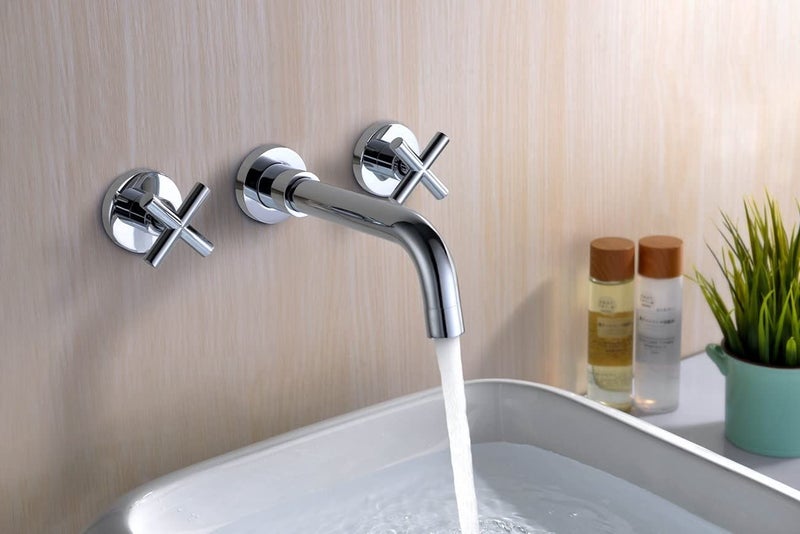 sumerain Wall Mount Bathroom Faucet,Cross 2-Handle in Modern Chrome Finish,Rough-in Valve Included - Image 2